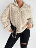 Fuzzy Quarter Zip Long Sleeve Sweatshirt - Trendsi