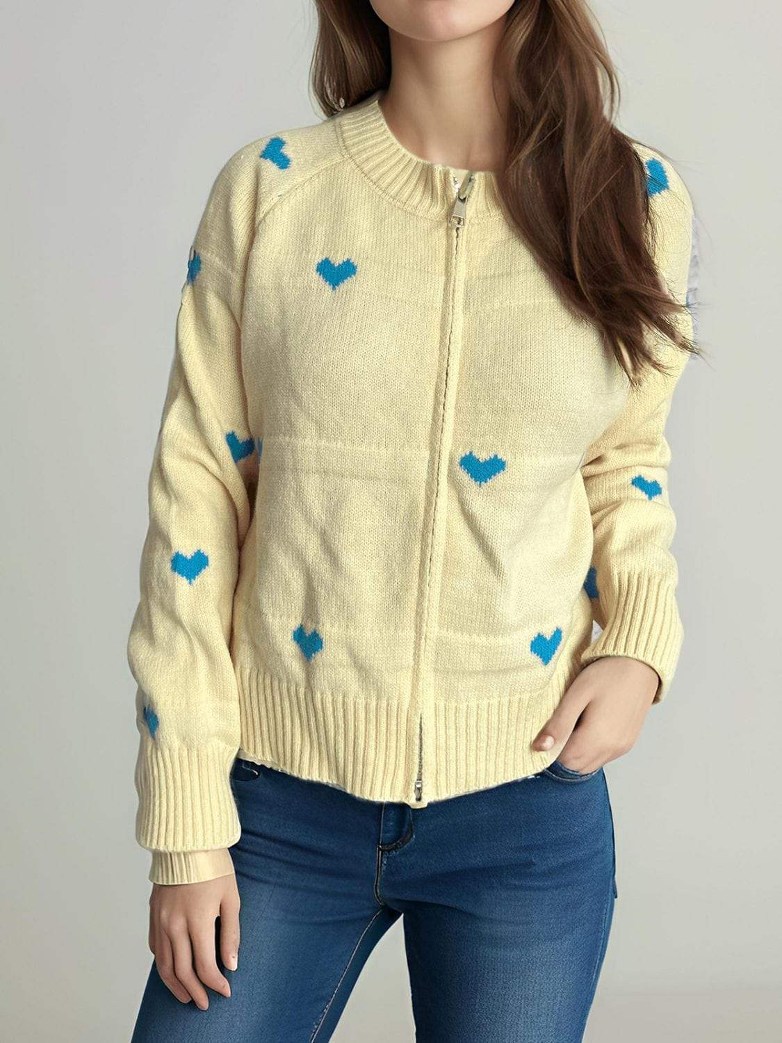 Heart Round Neck Zip Up Cardigan - Trendsi - Flyclothing LLC
