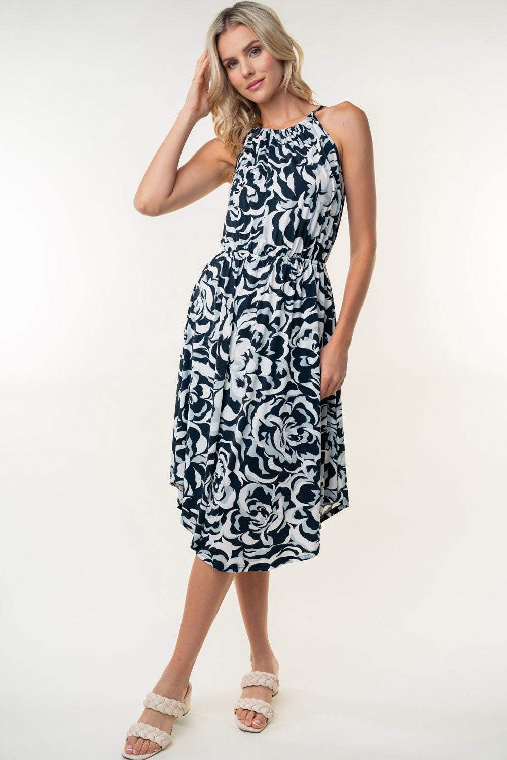 White Birch Tied Ruched Floral Sleeveless Knee Length Dress - Trendsi - Flyclothing LLC