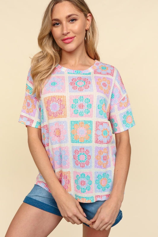Haptics Flower Print Round Neck Short Sleeve T-Shirt - Trendsi