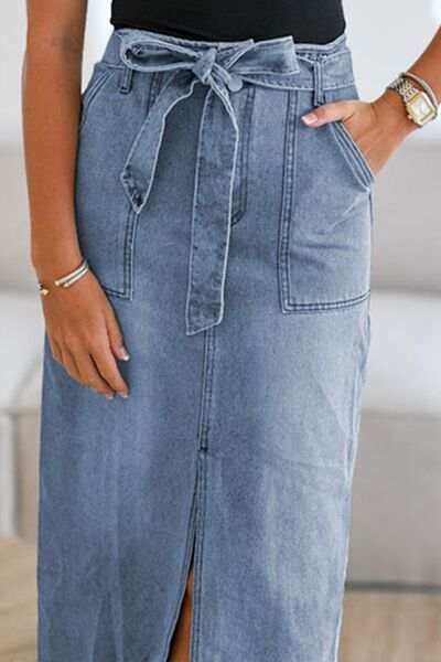 Tied Slit Denim Skirt - Trendsi - Flyclothing LLC