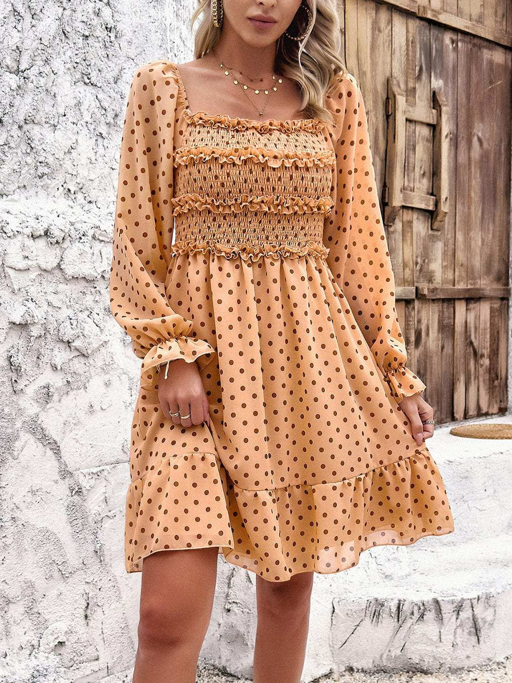 Smocked Polka Dot Long Sleeve Dress - Trendsi - Flyclothing LLC