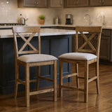 Set of Two 26" Tan and Oak Linen and Solid Wood Counter Height Bar Chairs - Homeroots - Flyclothing LLC