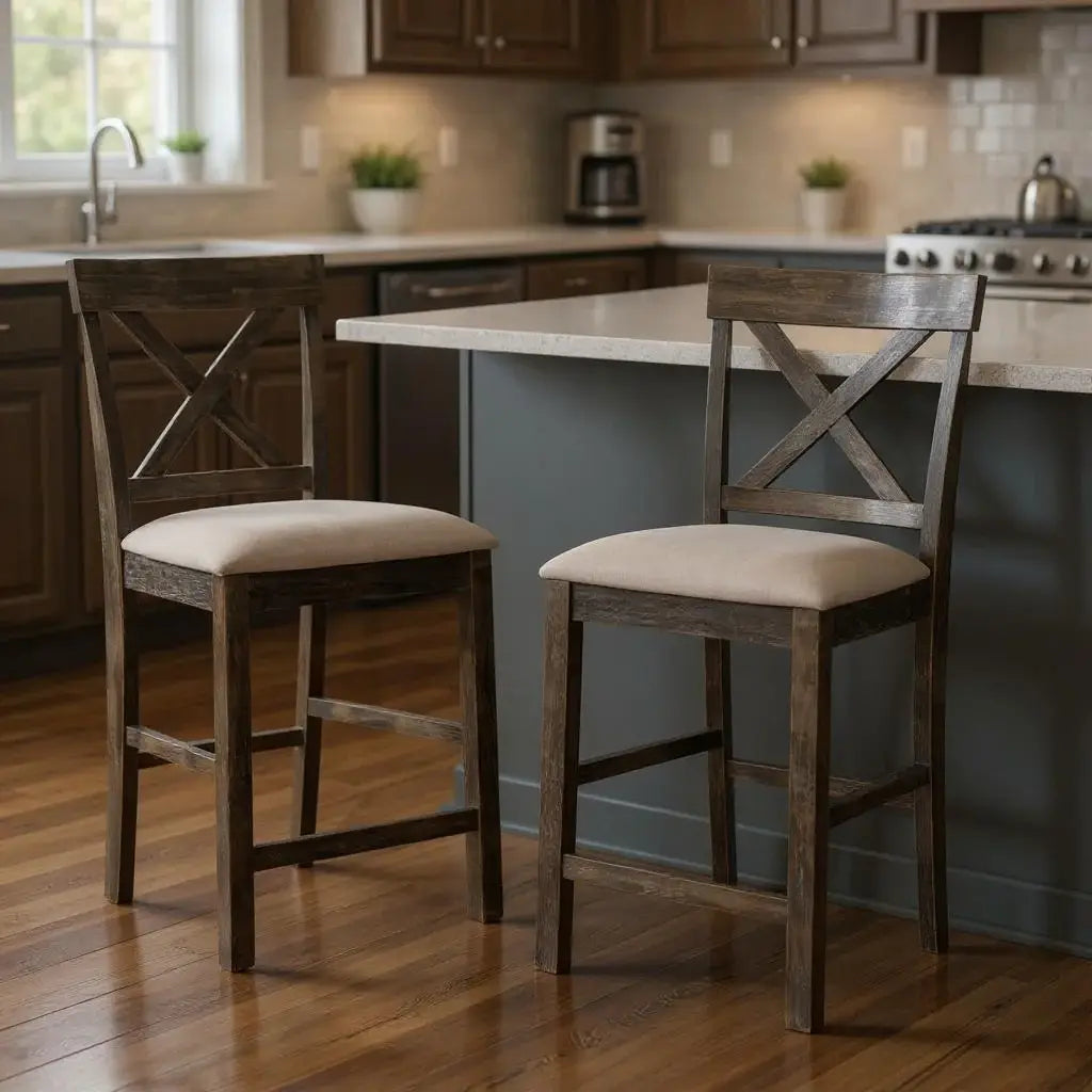 Set of Two 26" Tan and Dark Gray Linen and Solid Wood Counter Height Bar Chairs - Homeroots - Flyclothing LLC