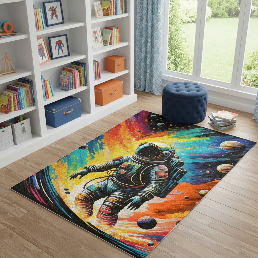 4' X 5' Black Blue And Orange Spaceman Youthful Washable Area Rug