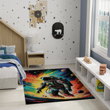 4' X 5' Black Blue And Orange Spaceman Youthful Washable Area Rug