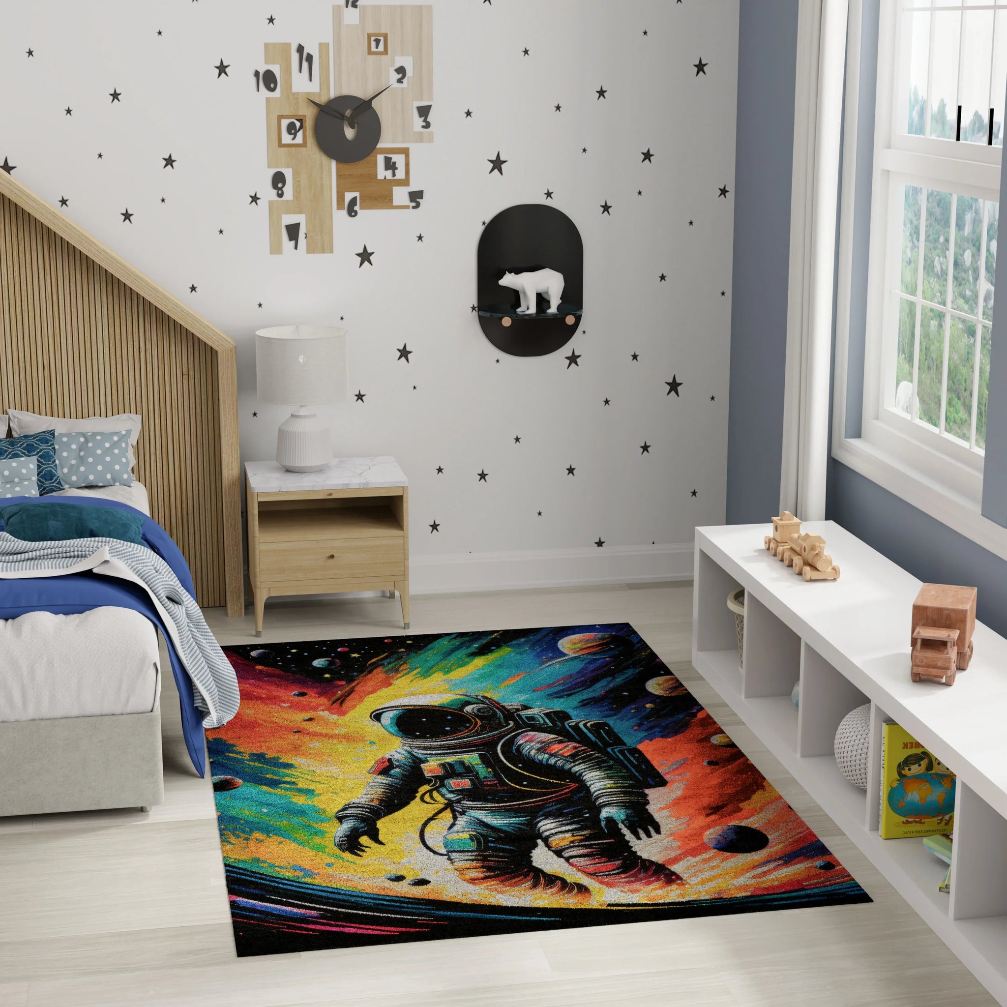 4' X 5' Black Blue And Orange Spaceman Youthful Washable Area Rug