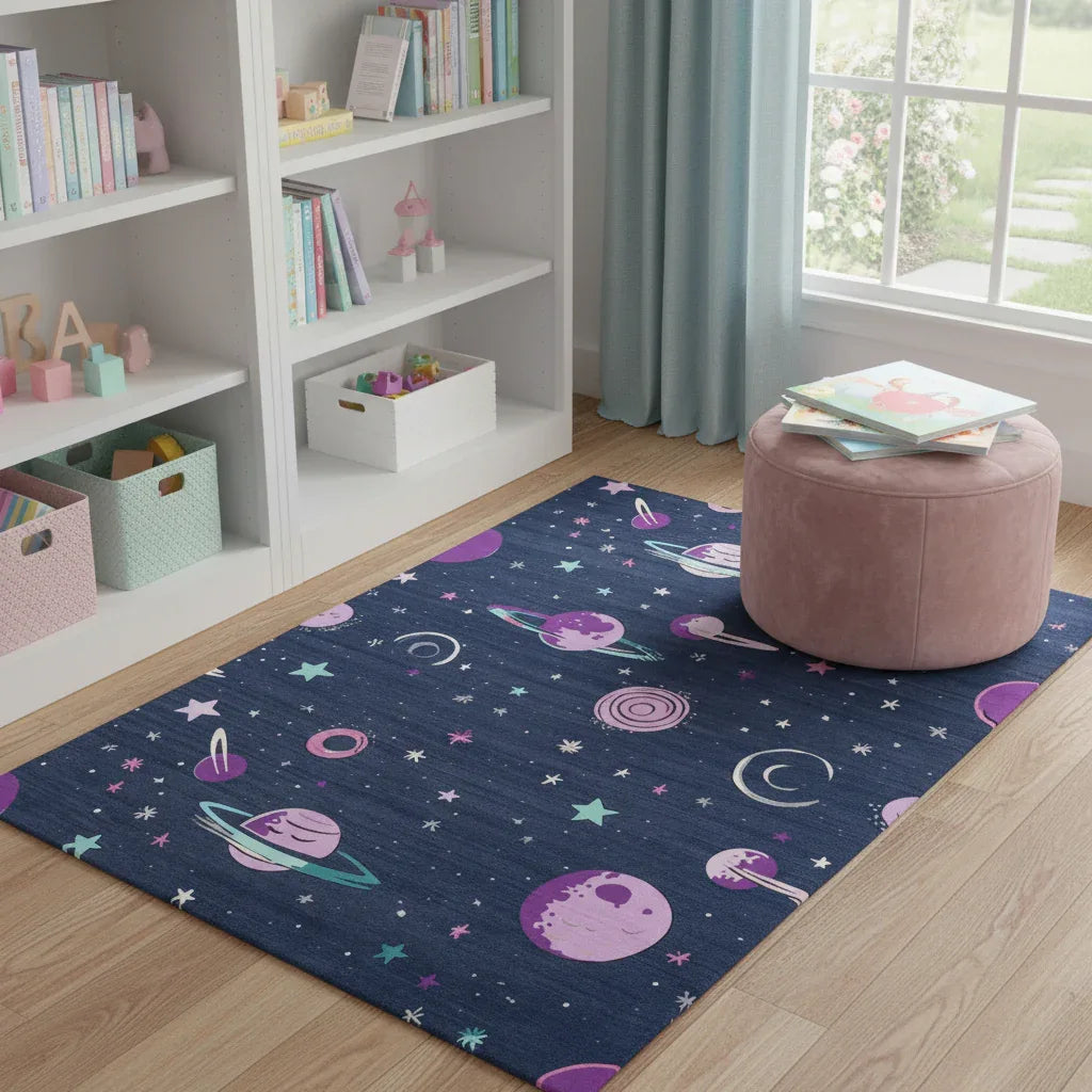 4' X 5' Black Purple And Blue Stars and Moon Youthful Washable Area Rug