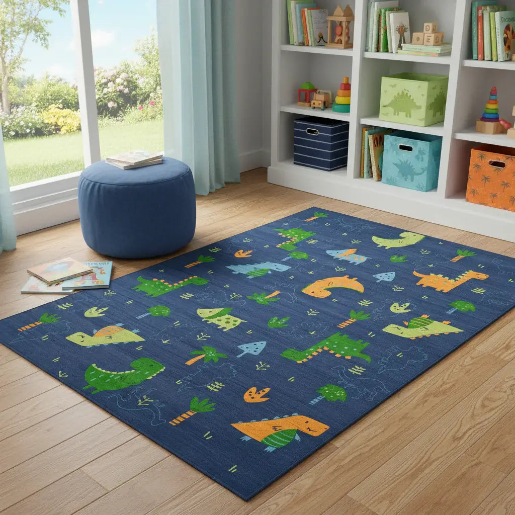 4' X 5' Blue Orange And Green Dinosaurs Youthful Washable Area Rug - Homeroots - Flyclothing LLC