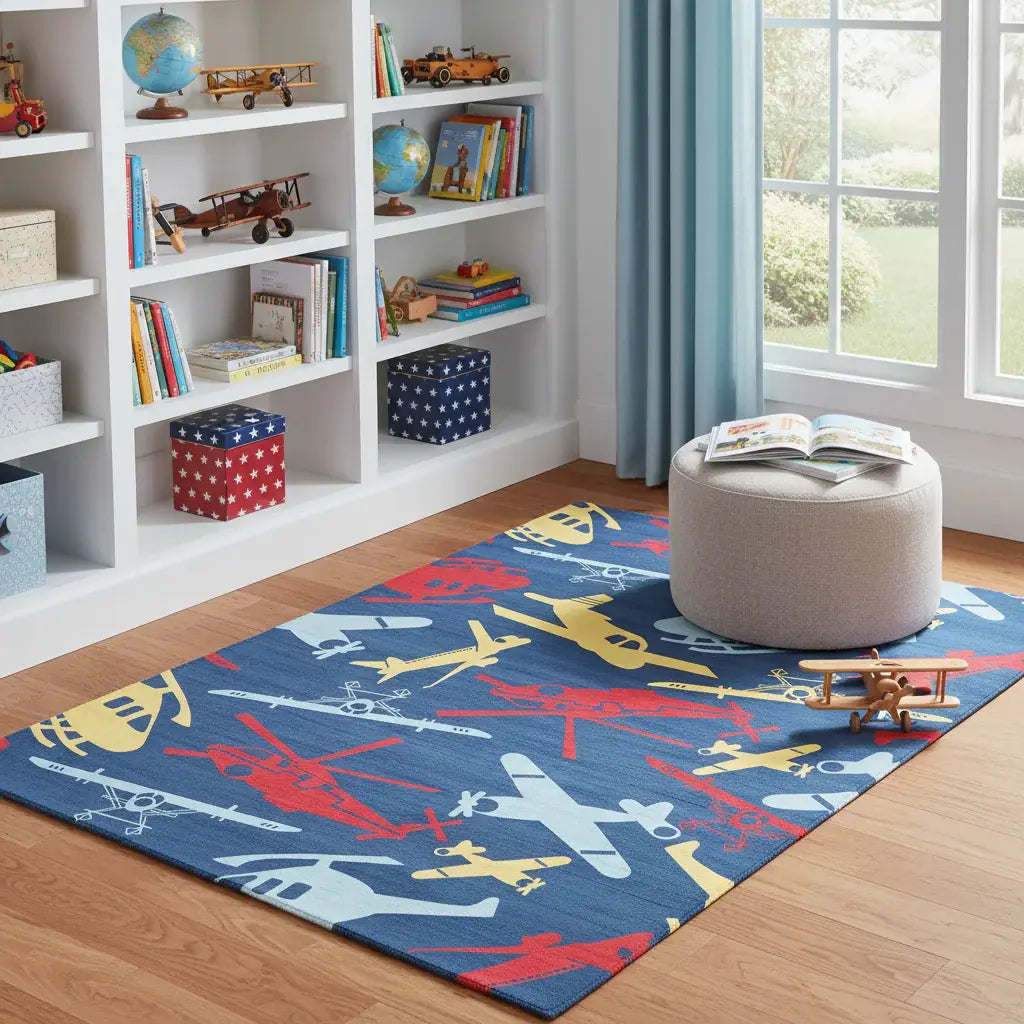 4' X 5' Blue Yellow And Red Helicopter Youthful Washable Round Rug - Homeroots - Flyclothing LLC