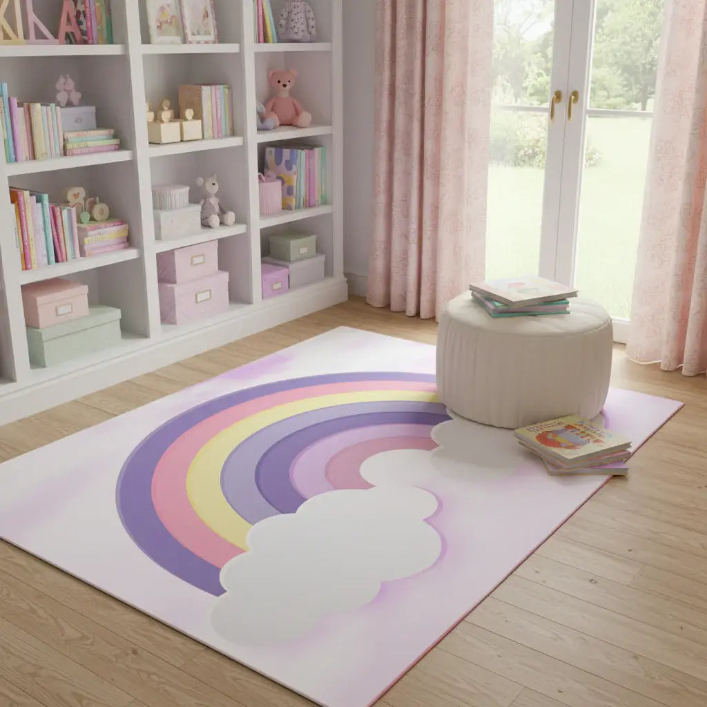 4' X 5' Ivory Pink And Purple Rainbows Youthful Washable Area Rug - Homeroots - Flyclothing LLC