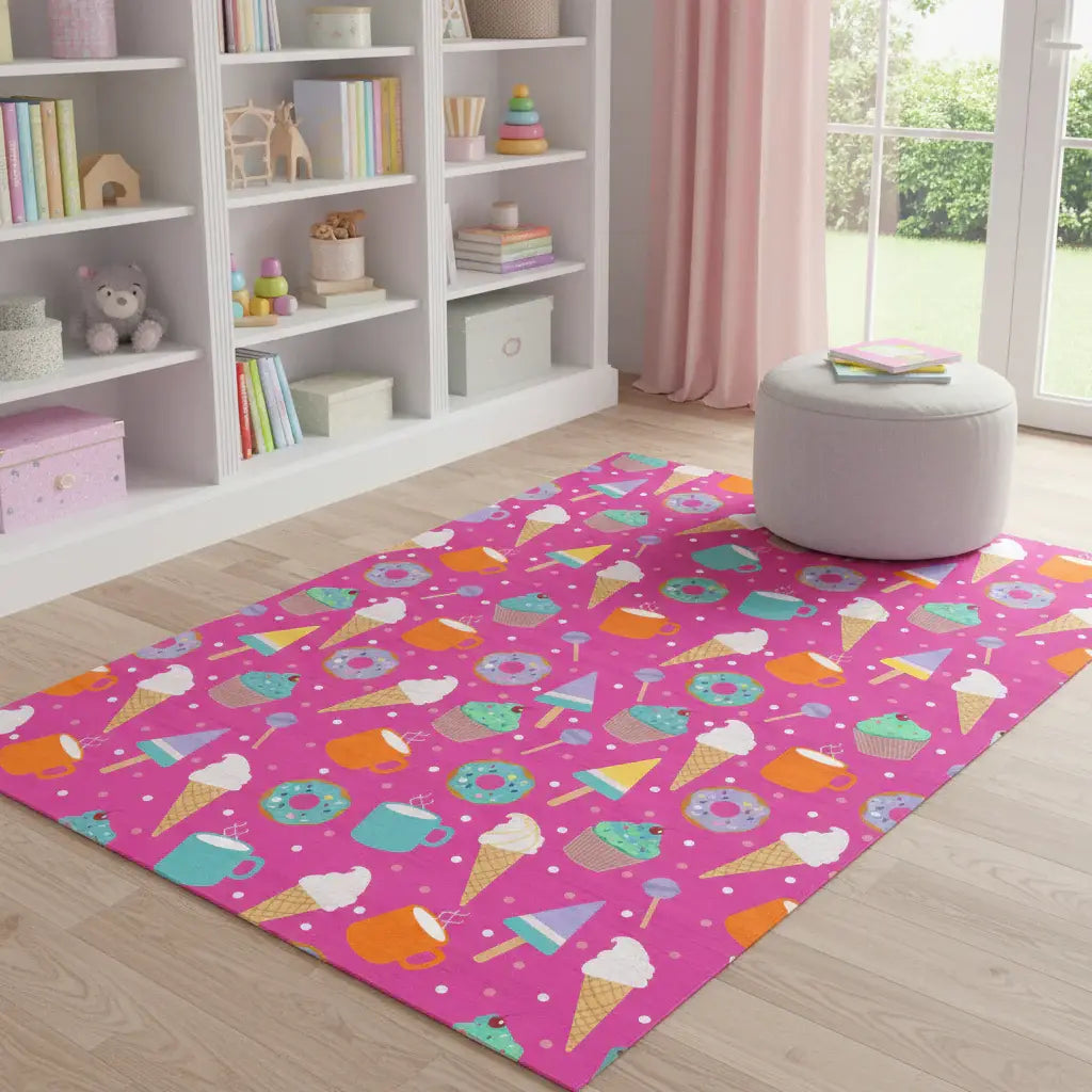 4' X 5' Pink And Blue Ice Cream and Donut Youthful Washable Area Rug - Homeroots - Flyclothing LLC