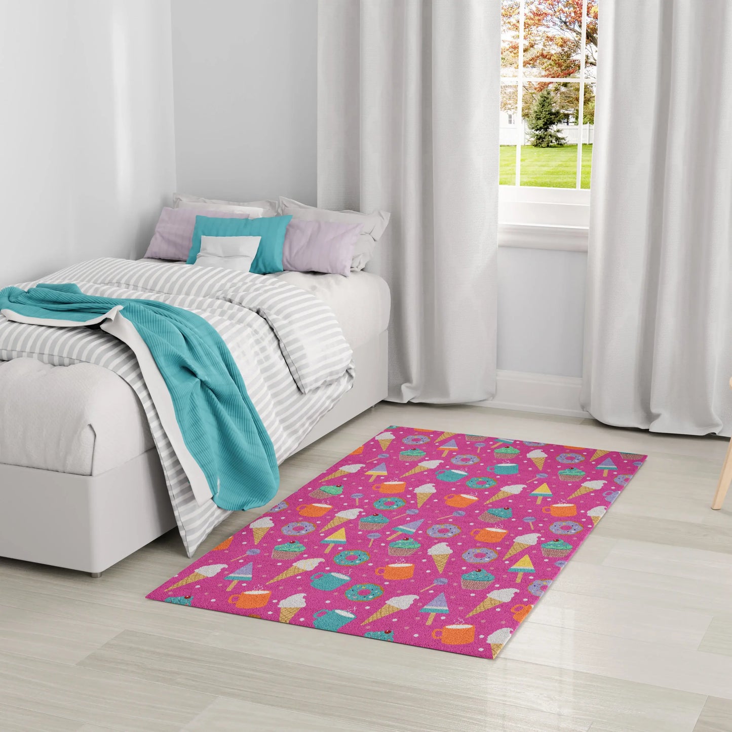 4' X 5' Pink And Blue Ice Cream and Donut Youthful Washable Area Rug - Homeroots - Flyclothing LLC