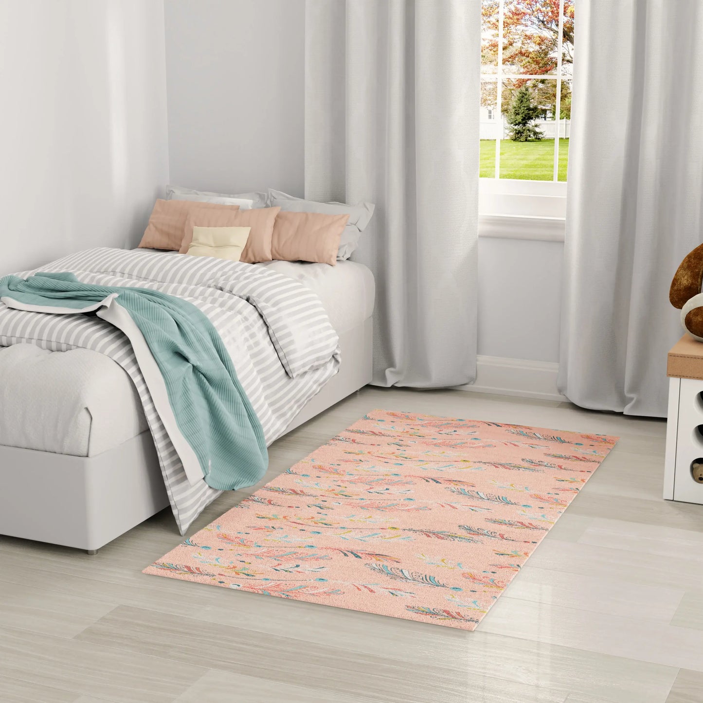 4' X 5' Coral And Aqua Feathers Youthful Washable Area Rug - Homeroots - Flyclothing LLC