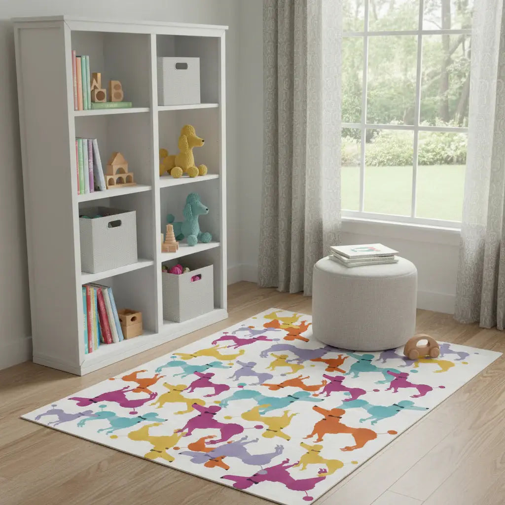 4' X 5' Ivory Blue And Pink Dogs Youthful Washable Area Rug - Homeroots - Flyclothing LLC