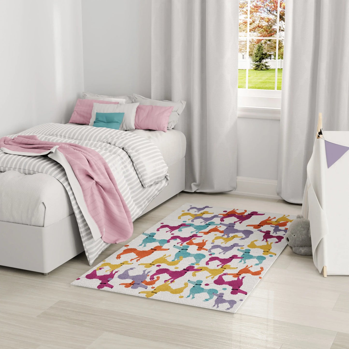 4' X 5' Ivory Blue And Pink Dogs Youthful Washable Area Rug - Homeroots - Flyclothing LLC