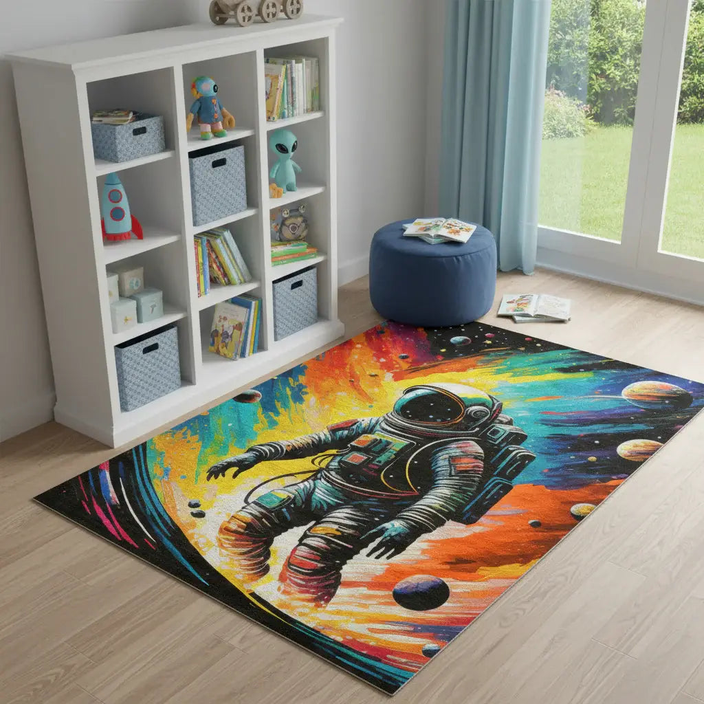 4' X 6' Black Blue And Orange Spaceman Youthful Washable Area Rug - Homeroots - Flyclothing LLC