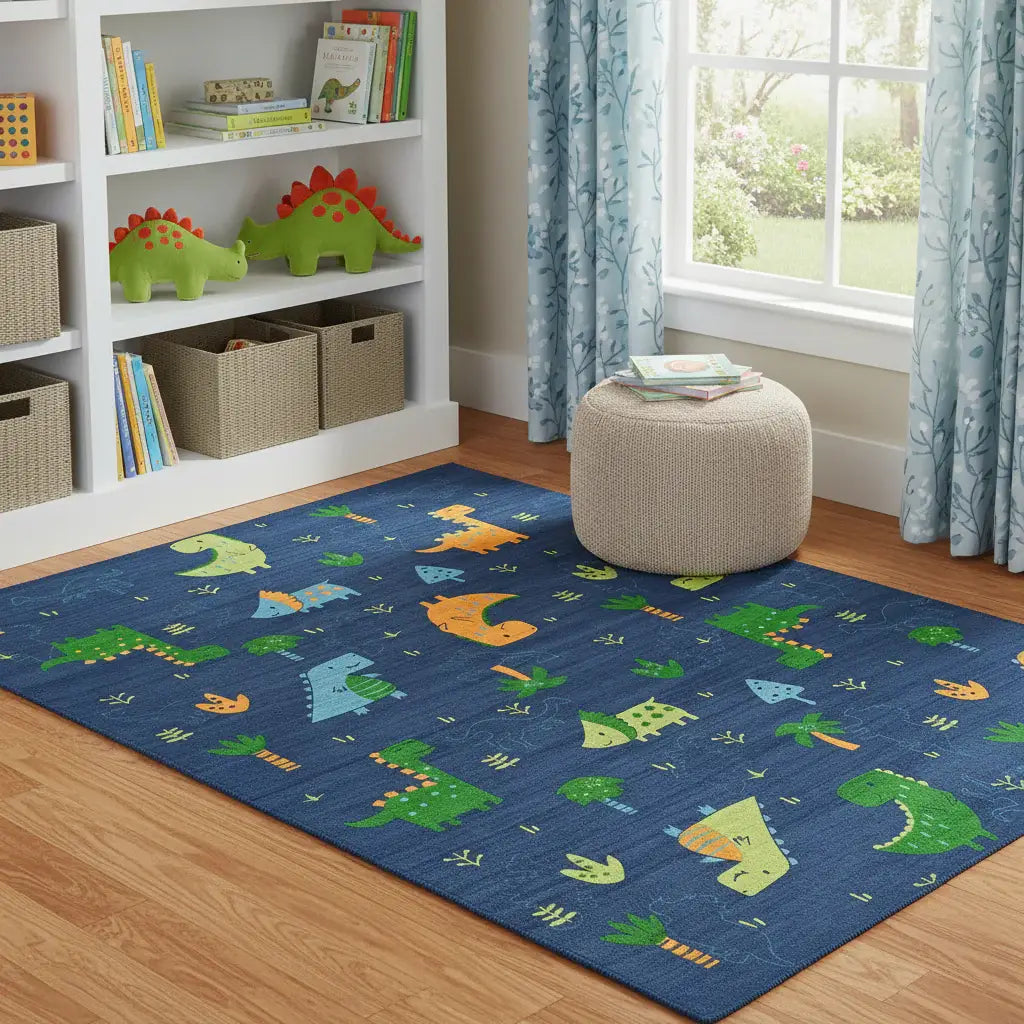 4' X 6' Blue Orange And Green Dinosaurs Youthful Washable Area Rug - Homeroots - Flyclothing LLC