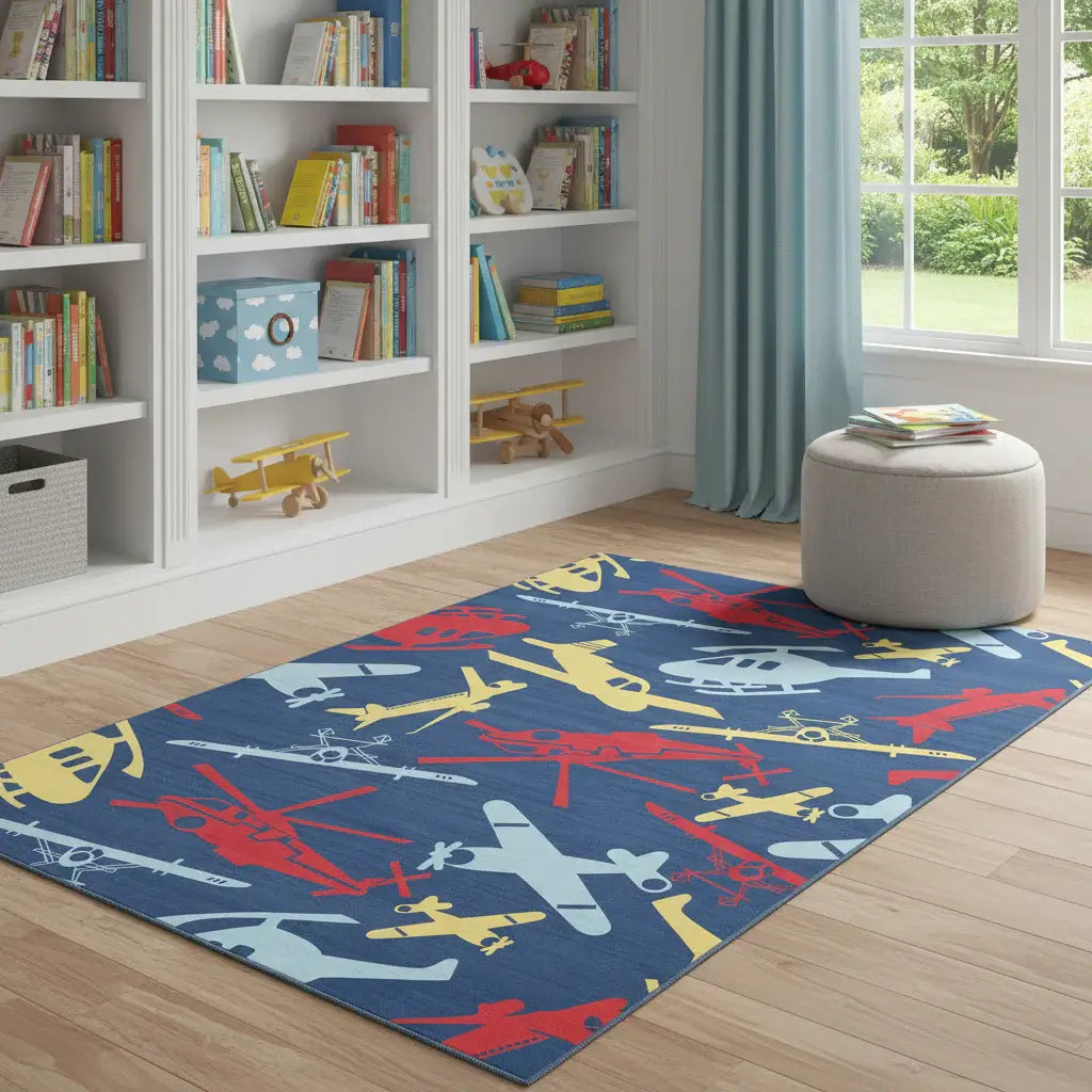 4' X 6' Blue And Yellow Helicopter Youthful Washable Area Rug - Homeroots - Flyclothing LLC