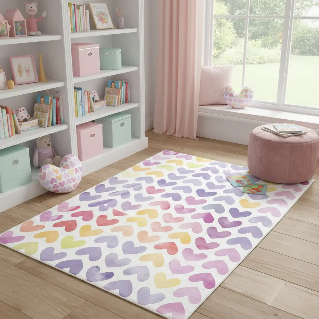 4' X 6' Ivory Pink And Purple Hearts Youthful Washable Area Rug - Homeroots - Flyclothing LLC