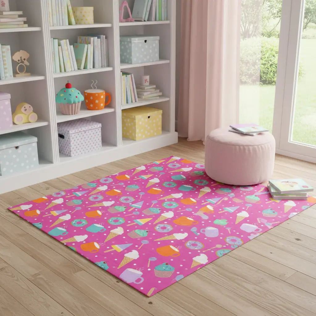 4' X 6' Pink And Blue Ice Cream and Donut Youthful Washable Area Rug - Homeroots - Flyclothing LLC