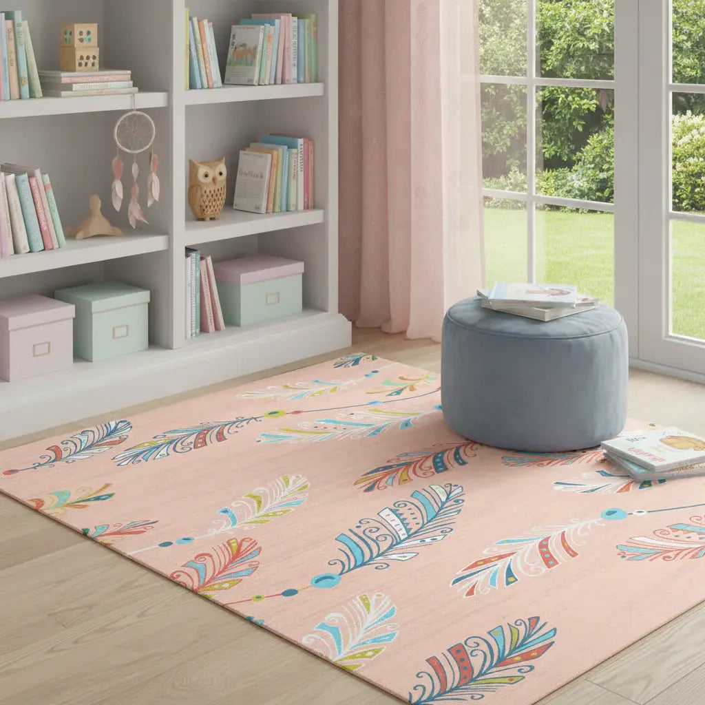 4' X 6' Coral And Aqua Feathers Youthful Washable Area Rug - Homeroots - Flyclothing LLC