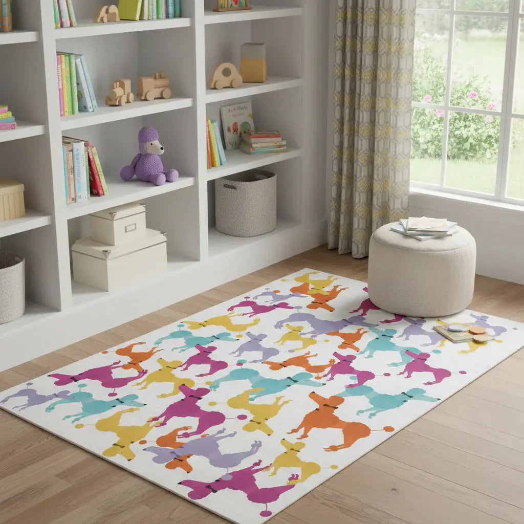 4' X 6' Ivory Blue And Pink Dogs Youthful Washable Area Rug - Homeroots - Flyclothing LLC