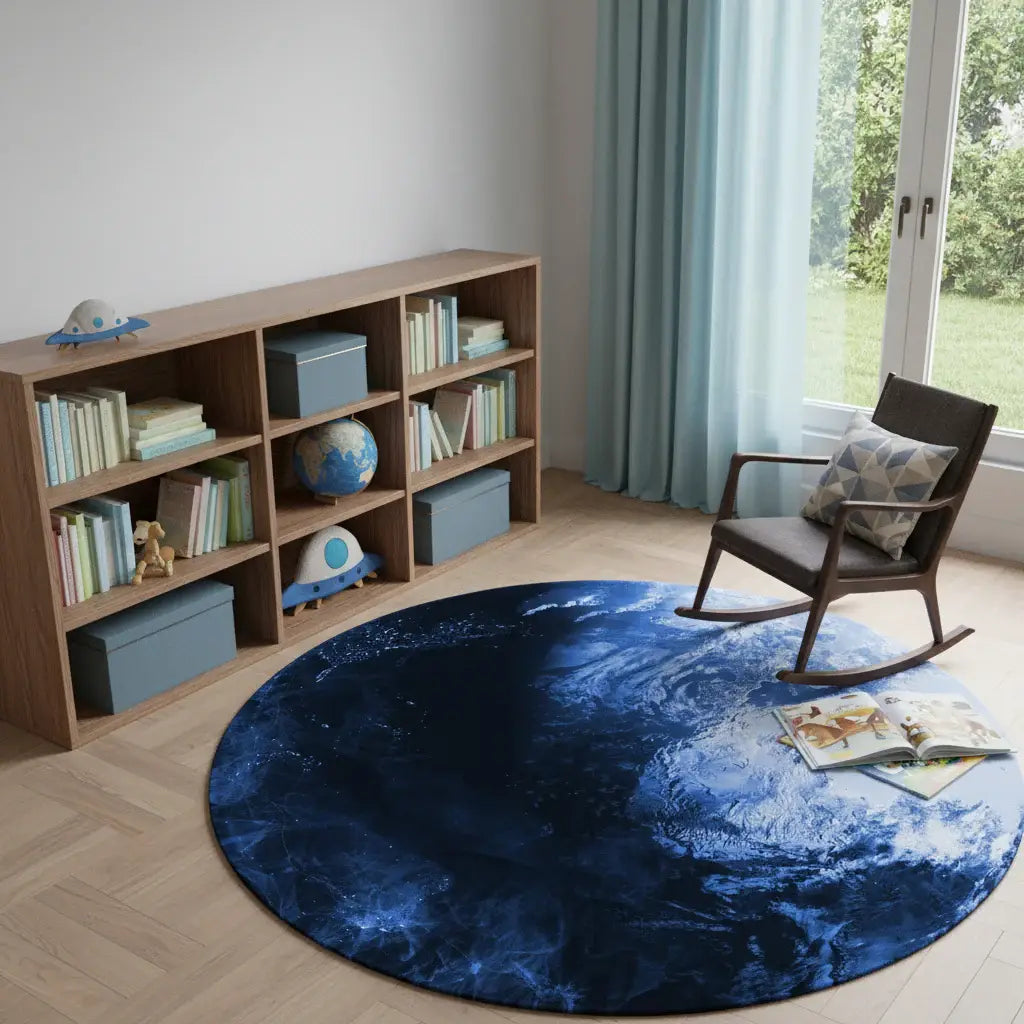 5' Blue And Light Blue Earth Youthful Washable Round Rug - Homeroots - Flyclothing LLC