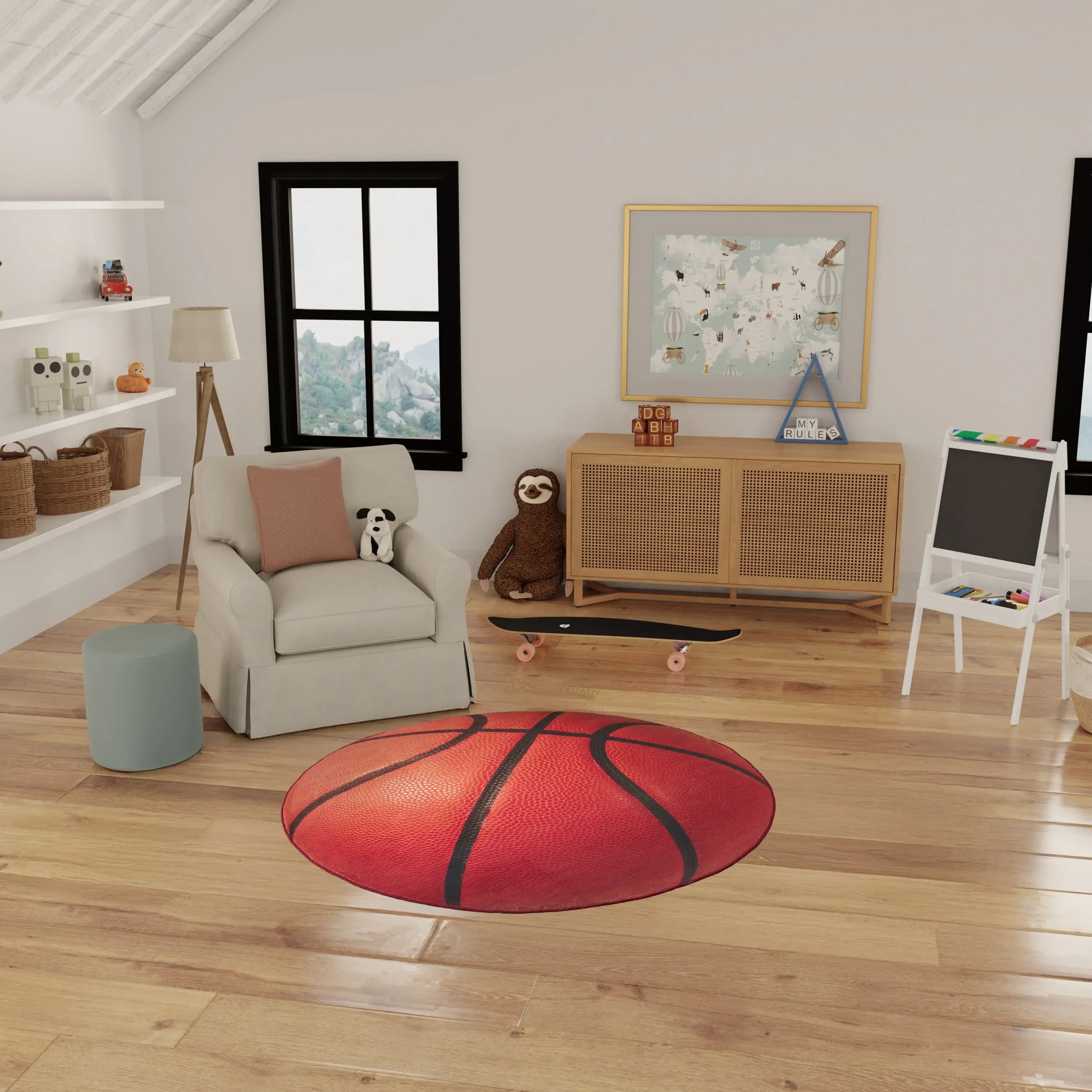 5' Black And Orange Basketball Youthful Washable Round Rug - Homeroots - Flyclothing LLC