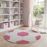 5' Pink And White Soccer Youthful Washable Round Rug - Homeroots - Flyclothing LLC