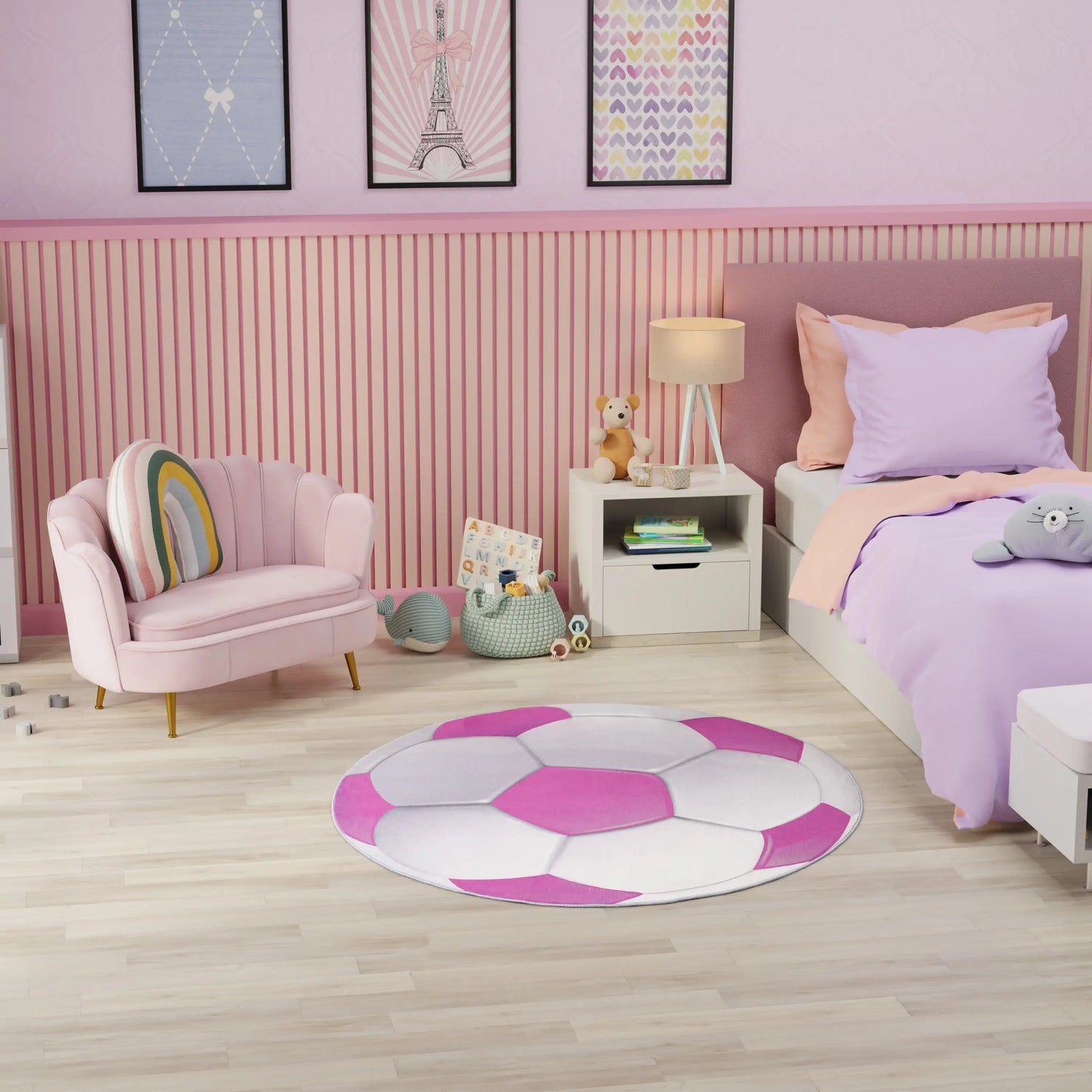 5' Pink And White Soccer Youthful Washable Round Rug - Homeroots - Flyclothing LLC