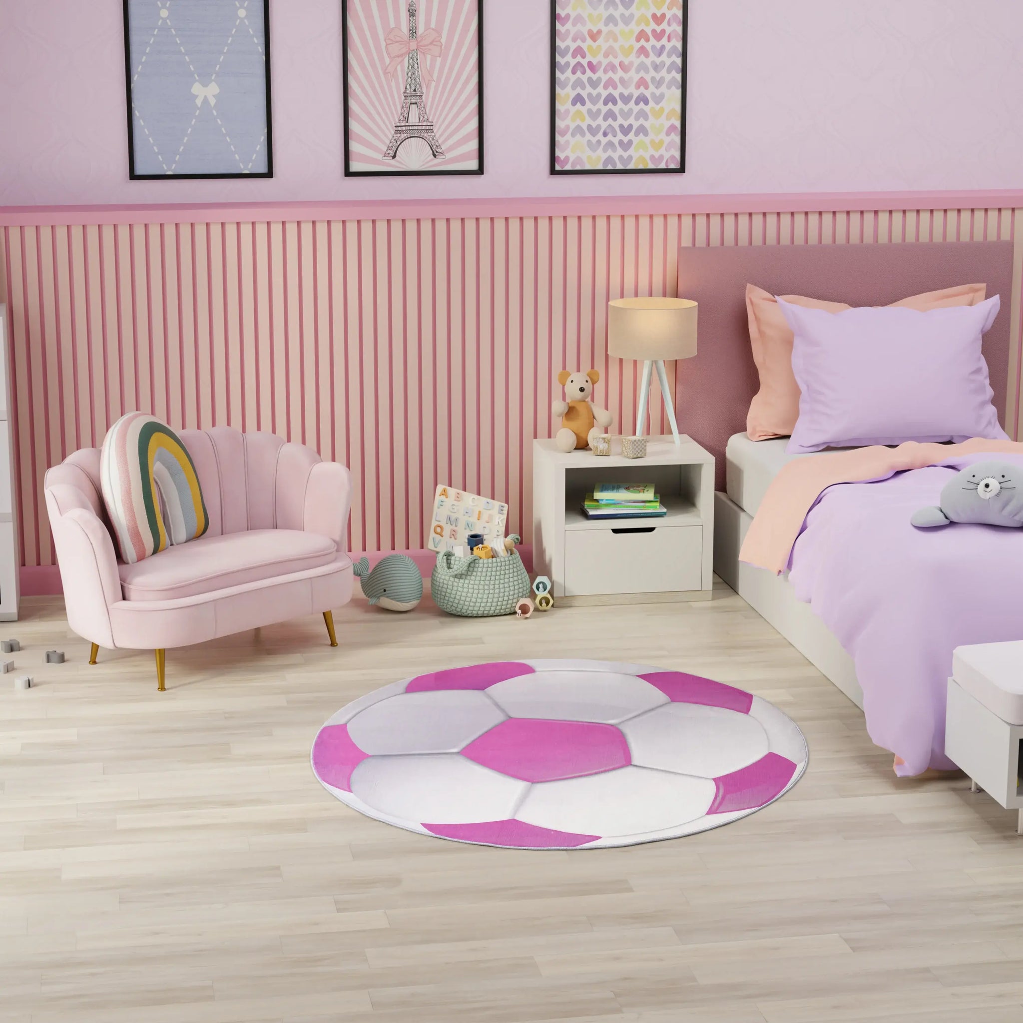 5' Pink And White Soccer Youthful Washable Round Rug - Homeroots - Flyclothing LLC