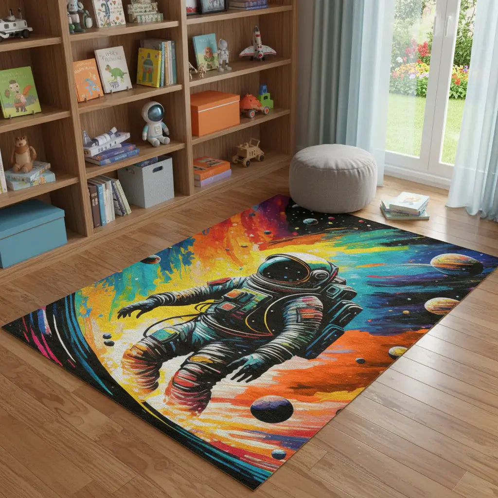 5' X 7' Black Blue And Orange Spaceman Youthful Washable Area Rug - Homeroots - Flyclothing LLC