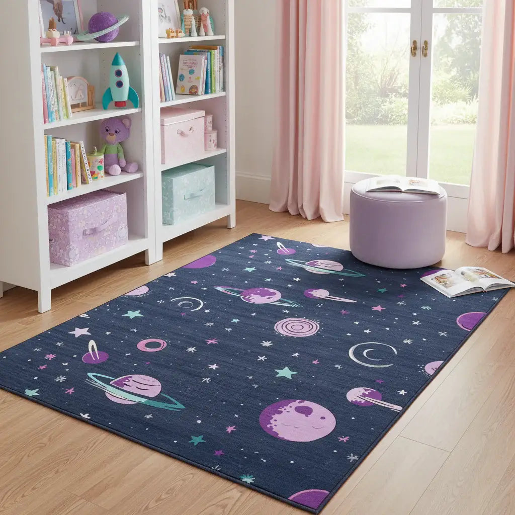 5' X 7' Black Purple And Blue Stars and Moon Youthful Washable Area Rug - Homeroots - Flyclothing LLC