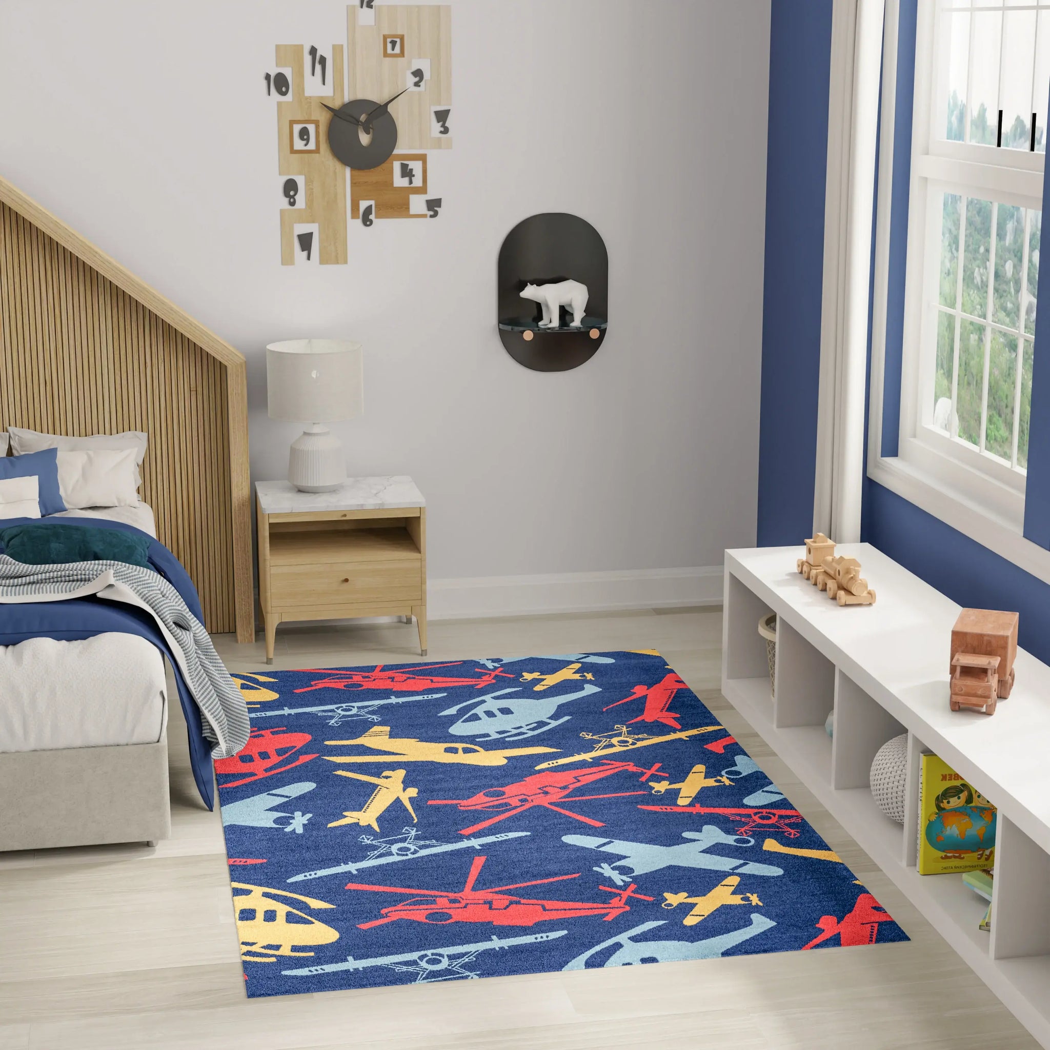 5' X 7' Blue Yellow And Red Helicopter Youthful Washable Area Rug - Homeroots - Flyclothing LLC