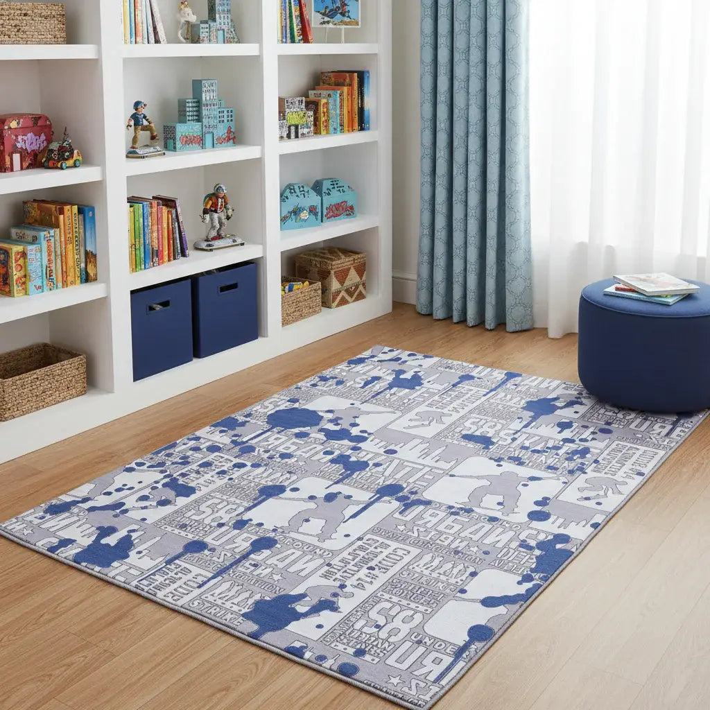 5' X 7' Blue And Gray Skateboard Youthful Washable Area Rug - Homeroots - Flyclothing LLC