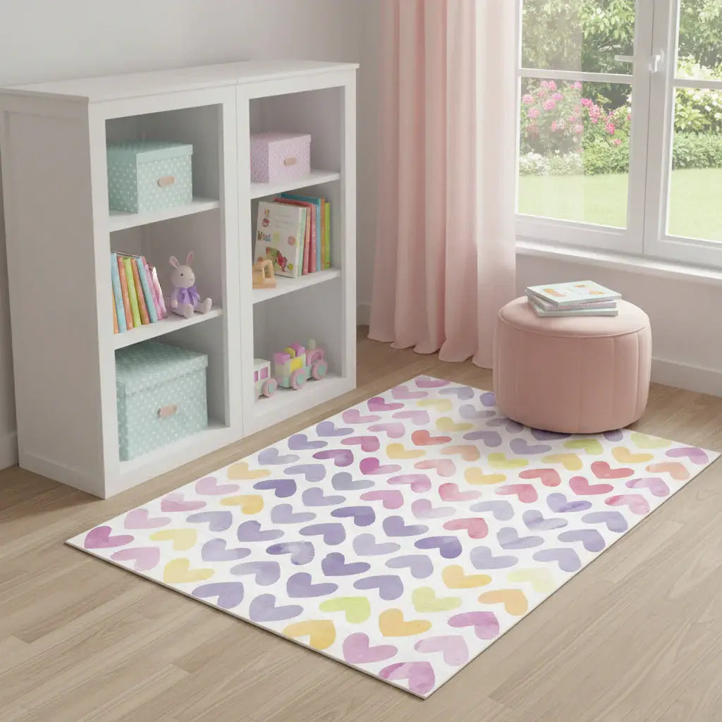 5' X 7' Ivory Pink And Purple Heart Youthful Washable Area Rug - Homeroots - Flyclothing LLC