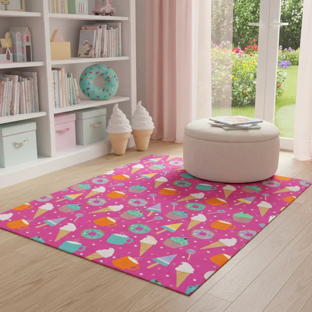 5' X 7' Pink And Blue Ice Cream and Donut Youthful Washable Area Rug - Homeroots - Flyclothing LLC