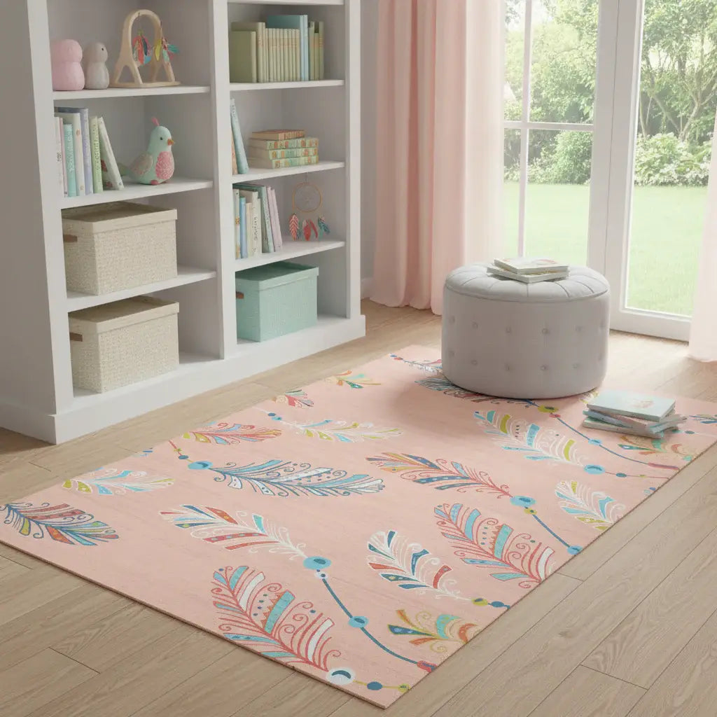 5' X 7' Coral And Aqua Feathers Youthful Washable Area Rug - Homeroots - Flyclothing LLC