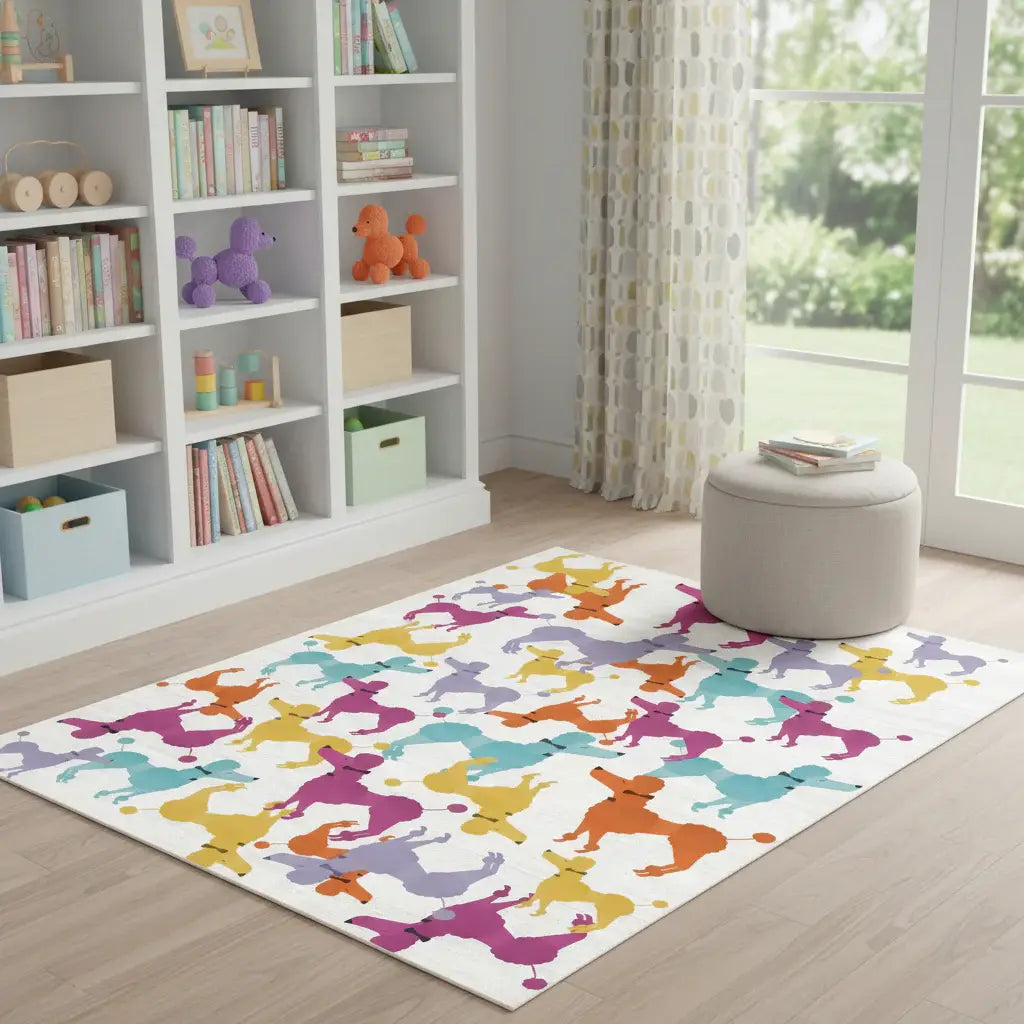 5' X 7' Ivory Blue And Pink Dogs Youthful Washable Area Rug - Homeroots - Flyclothing LLC