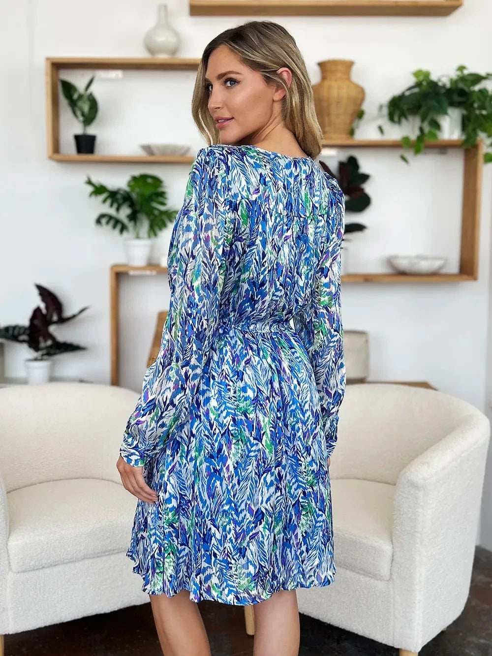Double Take Full Size Printed Drawstring Waist Long Sleeve Dress - Trendsi - Flyclothing LLC