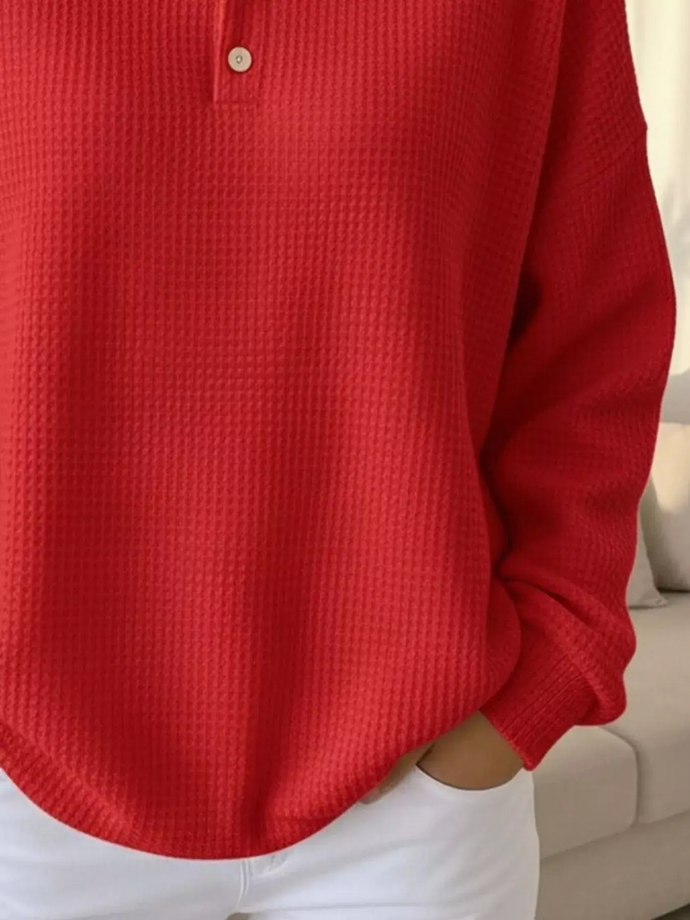 Full Size Waffle Knit Button Detail Sweatshirt Plus Size - Trendsi - Flyclothing LLC