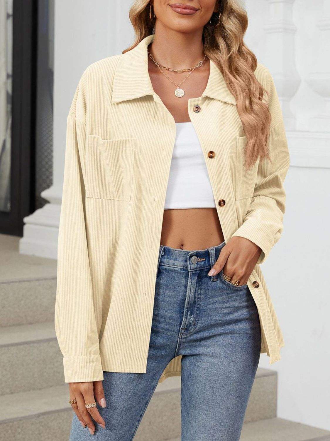 Button Up Dropped Shoulder Long Sleeve Outerwear - Trendsi - Flyclothing LLC