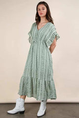 VERY J Embroidered Boho Ruffled Midi Dress - Trendsi - Flyclothing LLC