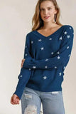 Umgee Full Size Star V-Neck Long Sleeve Sweater Plus Size - Trendsi