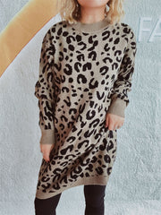 Leopard Round Neck Long Sleeve Sweater - Trendsi