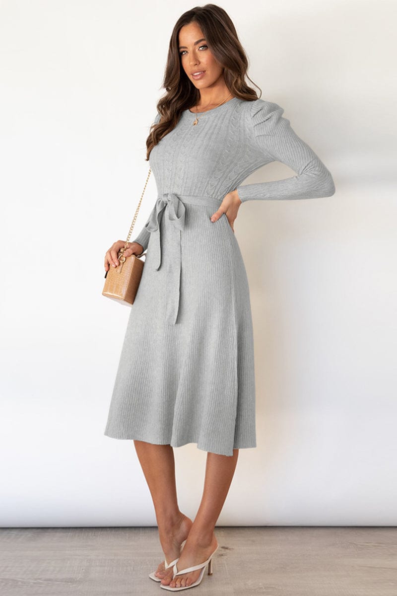 Round Neck Long Sleeve Tie Waist Sweater Dress - Trendsi