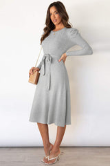 Round Neck Long Sleeve Tie Waist Sweater Dress - Trendsi - Flyclothing LLC