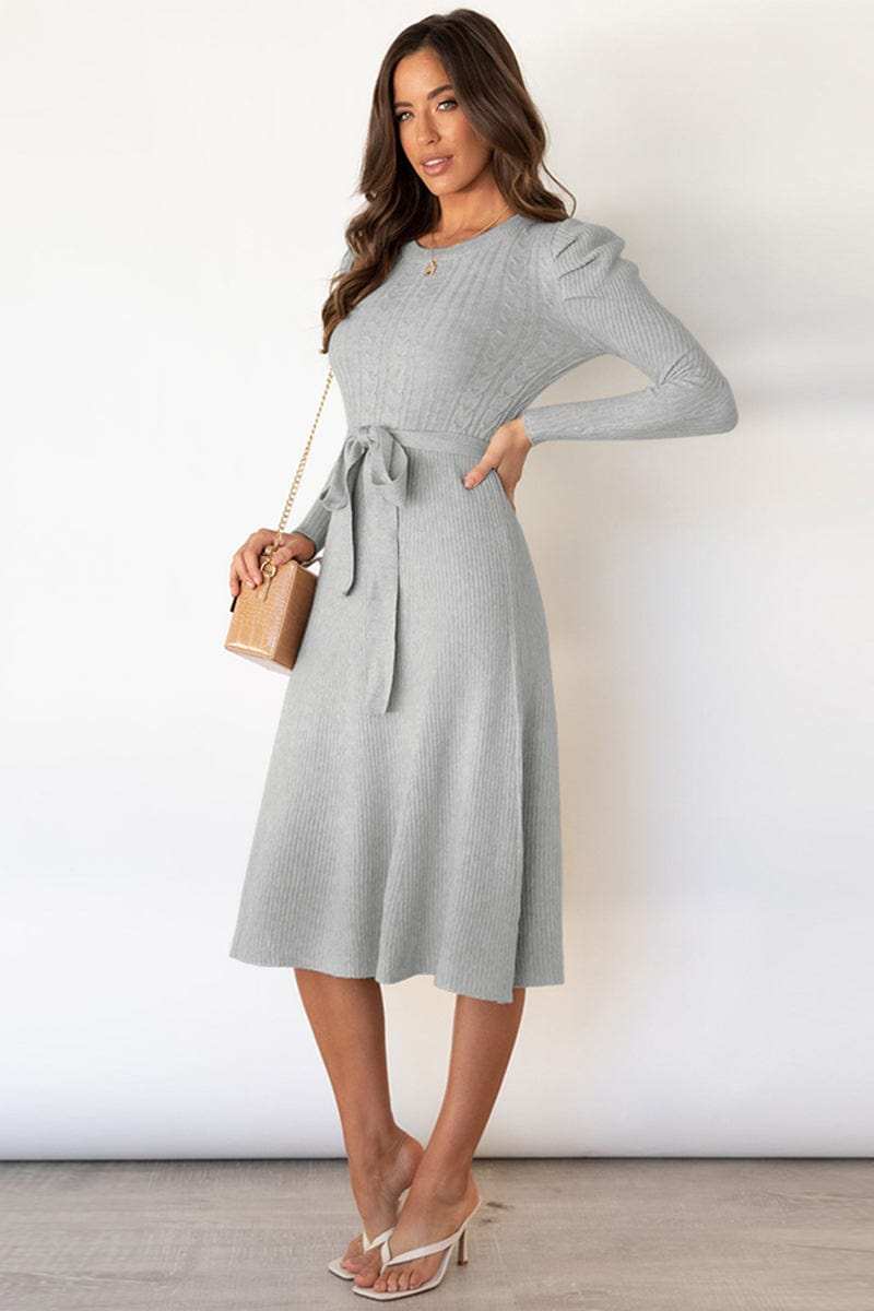 Round Neck Long Sleeve Tie Waist Sweater Dress - Trendsi - Flyclothing LLC