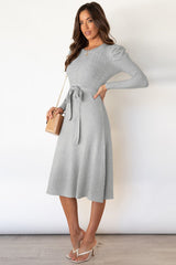 Round Neck Long Sleeve Tie Waist Sweater Dress - Trendsi